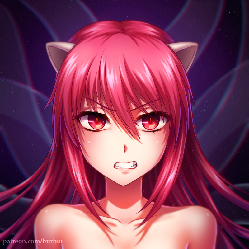 1girl angry bangs burbur clenched_teeth collarbone commentary elfen_lied english_commentary eyebrows_visible_through_hair fang hair_between_eyes horns long_hair looking_at_viewer lucy_(elfen_lied) nude pink_eyes pink_hair portrait solo teeth v-shaped_eyebrows