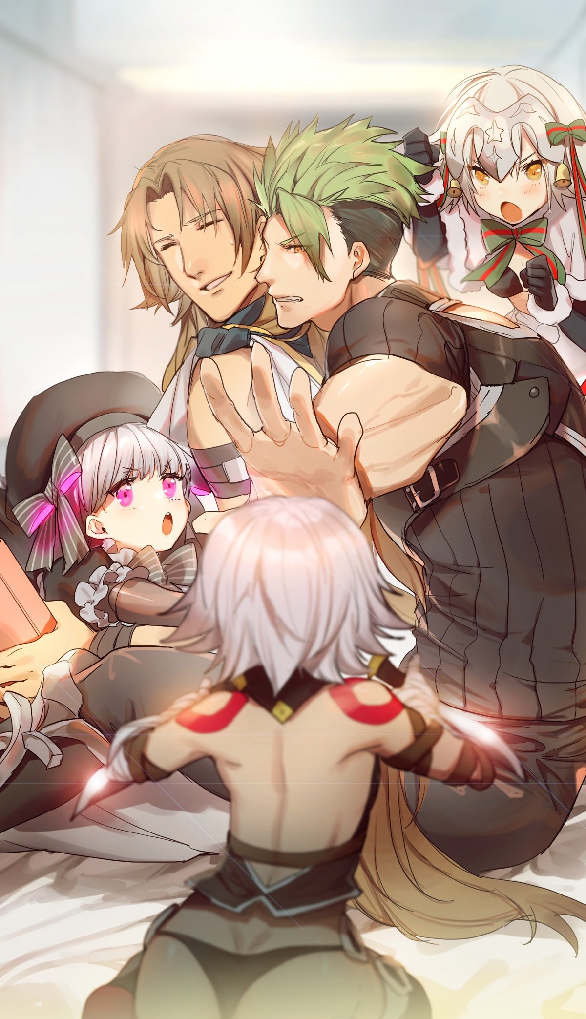 2boys 3girls alice_(fate/extra) ass bare_shoulders black_panties blurry bow brown_hair chiron_(fate) depth_of_field fate/apocrypha fate/grand_order fate_(series) green_hair grey_hair hat headpiece highres jack_the_ripper_(fate/apocrypha) jeanne_d'arc_(fate)_(all) jeanne_d'arc_alter_santa_lily long_hair multiple_boys multiple_girls no-kan outstretched_hand panties short_hair silver_hair tattoo undercut underwear violet_eyes white_hair yellow_eyes