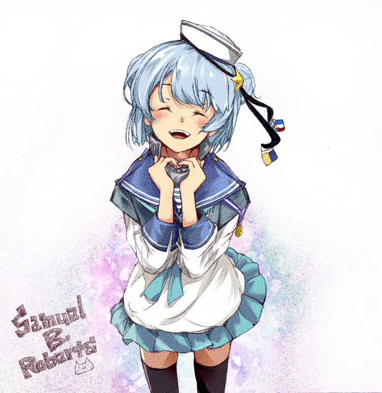 1girl ;d ^_^ bangs black_legwear black_ribbon blue_hair blue_neckwear blue_sailor_collar blue_skirt blush character_name closed_eyes commentary_request double_bun eyebrows_visible_through_hair facing_viewer hair_ornament hands_up hat heart heart_hands kantai_collection long_sleeves one_eye_closed open_mouth pleated_skirt ribbon rizzl sailor_collar sailor_hat samuel_b._roberts_(kantai_collection) school_uniform serafuku shirt skirt smile solo star star_hair_ornament thigh-highs tilted_headwear white_background white_headwear white_shirt