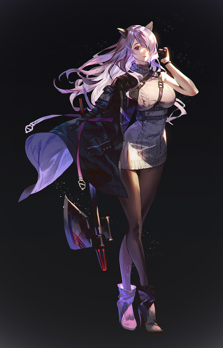 1girl axe belt black_background black_footwear black_gloves camilla_(fire_emblem) cape dress fajyobore323 fire_emblem fire_emblem_fates gloves hair_over_one_eye high_heels highres holding holding_weapon pantyhose purple_hair sleeveless sleeveless_dress solo strap sweater sweater_dress violet_eyes weapon white_dress