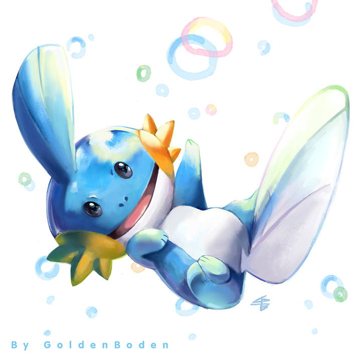 black_eyes commentary creature full_body gen_3_pokemon golden_boden mudkip no_humans pokemon pokemon_(creature) simple_background smile solo white_background