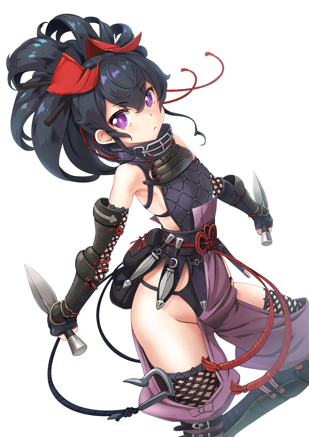1girl arm_guards bangs bare_shoulders black_gloves black_hair black_leotard closed_mouth commentary_request dagger dual_wielding elbow_gloves eyebrows_visible_through_hair fingerless_gloves gloves groin hair_between_eyes hair_ribbon highres holding holding_dagger holding_weapon leotard looking_at_viewer original puffy_short_sleeves puffy_sleeves purple_shorts red_ribbon ribbon shin_guards short_sleeves shorts simple_background solo standing standing_on_one_leg vambraces violet_eyes wapokichi weapon white_background