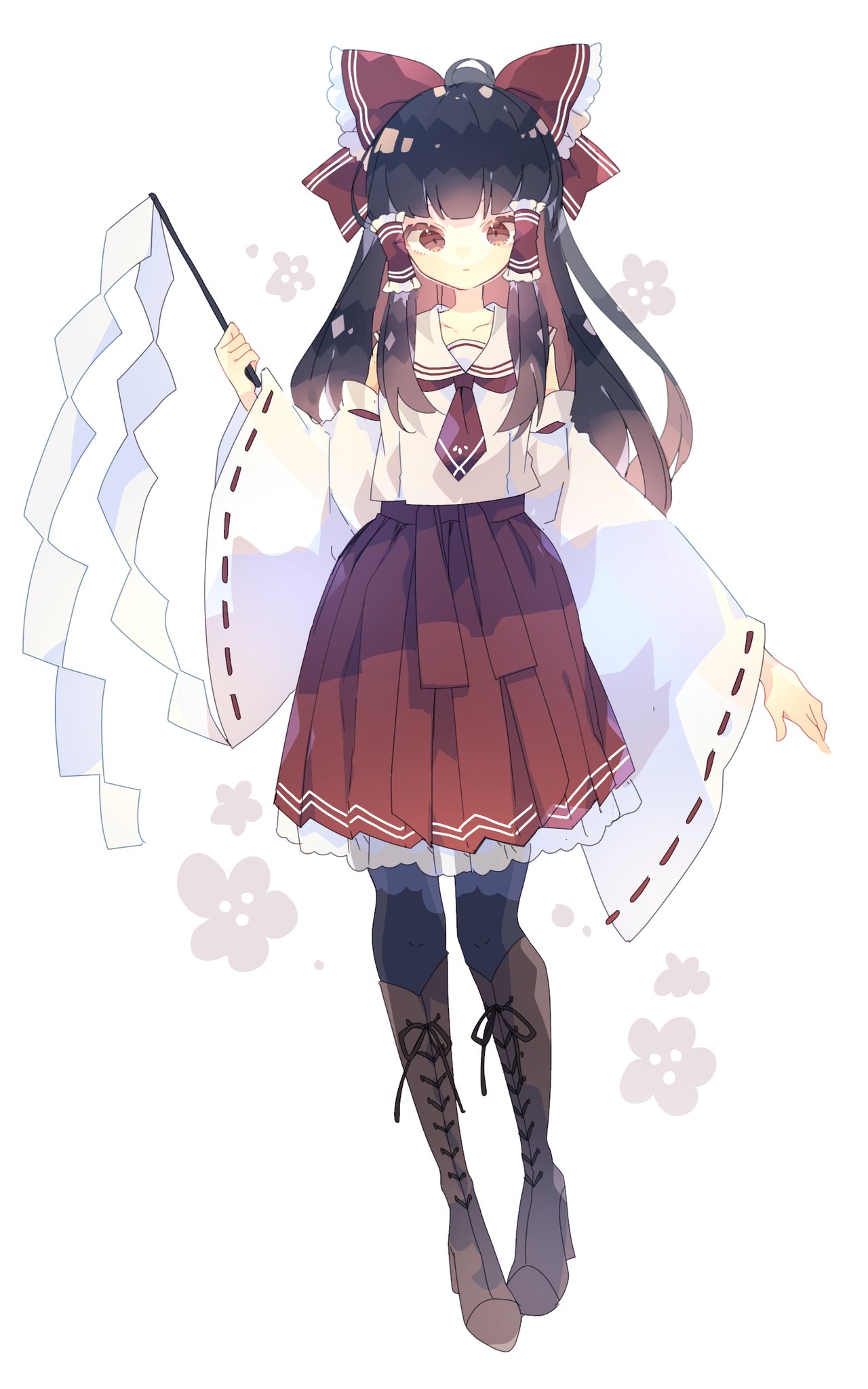 1girl adapted_costume black_legwear boots bow brown_eyes brown_footwear brown_hair commentary detached_sleeves floral_background full_body gohei hair_bow hair_tubes hakurei_reimu hand_up highres holding knee_boots long_hair long_sleeves looking_at_viewer necktie nikorashi-ka nontraditional_miko pleated_skirt red_bow red_neckwear red_skirt sailor_collar shide shirt short_necktie skirt solo touhou white_background white_shirt