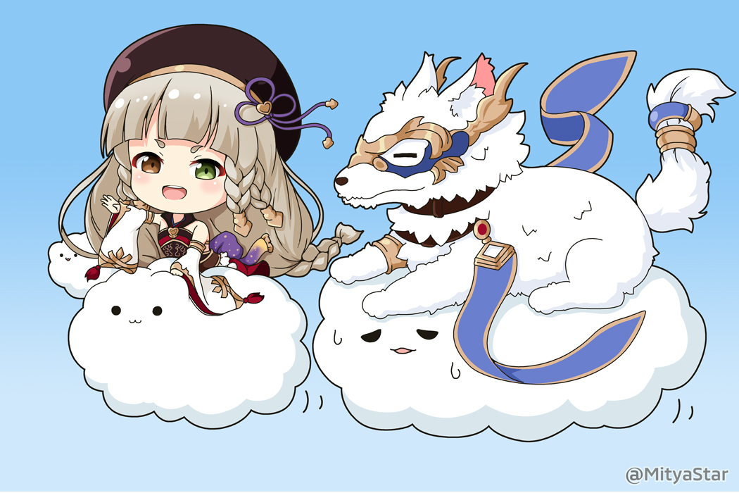 1girl :3 :d animal blue_background braid brown_dress brown_eyes brown_hair brown_headwear chibi closed_eyes closed_mouth clouds commentary_request detached_sleeves dress erune granblue_fantasy green_eyes hakutaku_(granblue_fantasy) hat heterochromia long_hair long_sleeves looking_at_viewer miicha open_mouth outstretched_arm parted_lips pholia short_eyebrows sleeveless sleeveless_dress sleeves_past_wrists smile solid_circle_eyes sweat thick_eyebrows twitter_username upper_teeth v-shaped_eyebrows very_long_hair white_sleeves white_wolf wide_sleeves wolf
