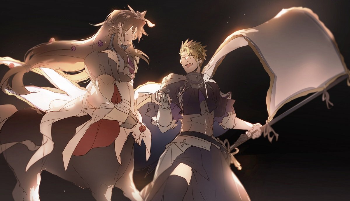 2boys achilles_(fate) adapted_costume animal_ears armor breastplate brown_hair capelet centaur chiron_(fate) cosplay fate/apocrypha fate_(series) flag horse_ears jeanne_d'arc_(fate) jeanne_d'arc_(fate)_(all) jeanne_d'arc_(fate)_(cosplay) long_hair male_focus mordred_(fate) mordred_(fate)_(all) mordred_(fate)_(cosplay) multiple_boys no-kan plackart thigh-highs