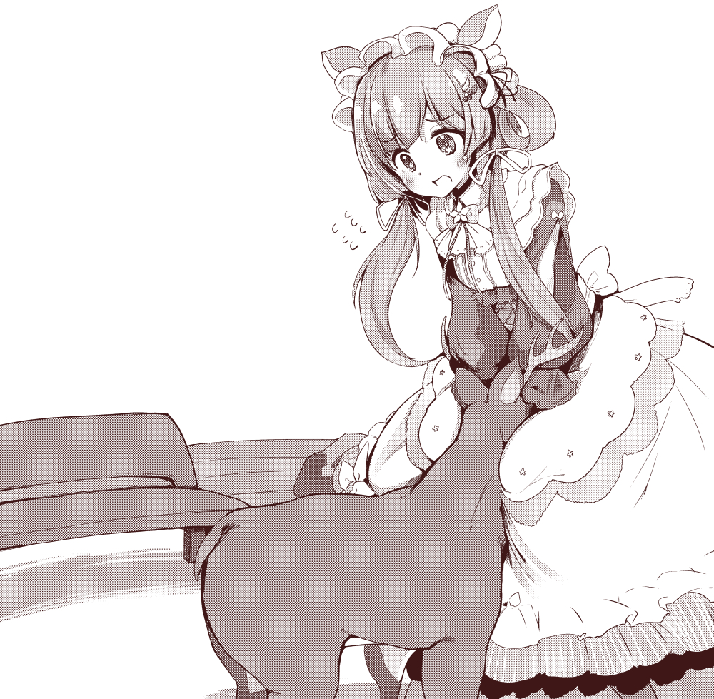 1girl animal animal_ears bangs bench blush commentary_request deer eli_conifer eyebrows_visible_through_hair flying_sweatdrops greyscale hair_ribbon long_hair long_sleeves low_twintails maid monochrome nijisanji open_mouth puffy_long_sleeves puffy_sleeves ribbon shirt skirt solo takara_akihito twintails virtual_youtuber white_background