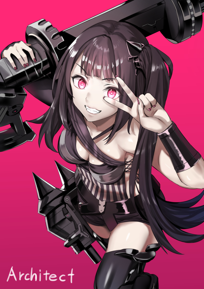 028ilc 1girl architect_(girls_frontline) asymmetrical_clothes bangs black_legwear breasts character_name eyebrows_visible_through_hair girls_frontline grin hair_ornament highres holding holding_weapon long_hair medium_breasts nail_polish one_side_up pale_skin pink_background pink_eyes purple_hair rocket_launcher sangvis_ferri shirt shorts simple_background smile solo striped striped_shirt thigh-highs v v_over_eye weapon