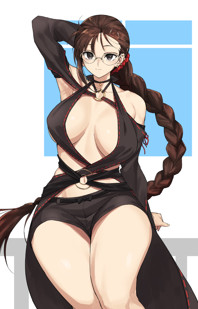 armpits black_dress black_hair bnc_(bunshi) braid breasts brown_hair center_opening consort_yu_(fate) dress ear_piercing fate/grand_order fate_(series) glasses grey_eyes hand_behind_head large_breasts long_hair navel piercing revealing_clothes sitting smile two-tone_background very_long_hair white_background