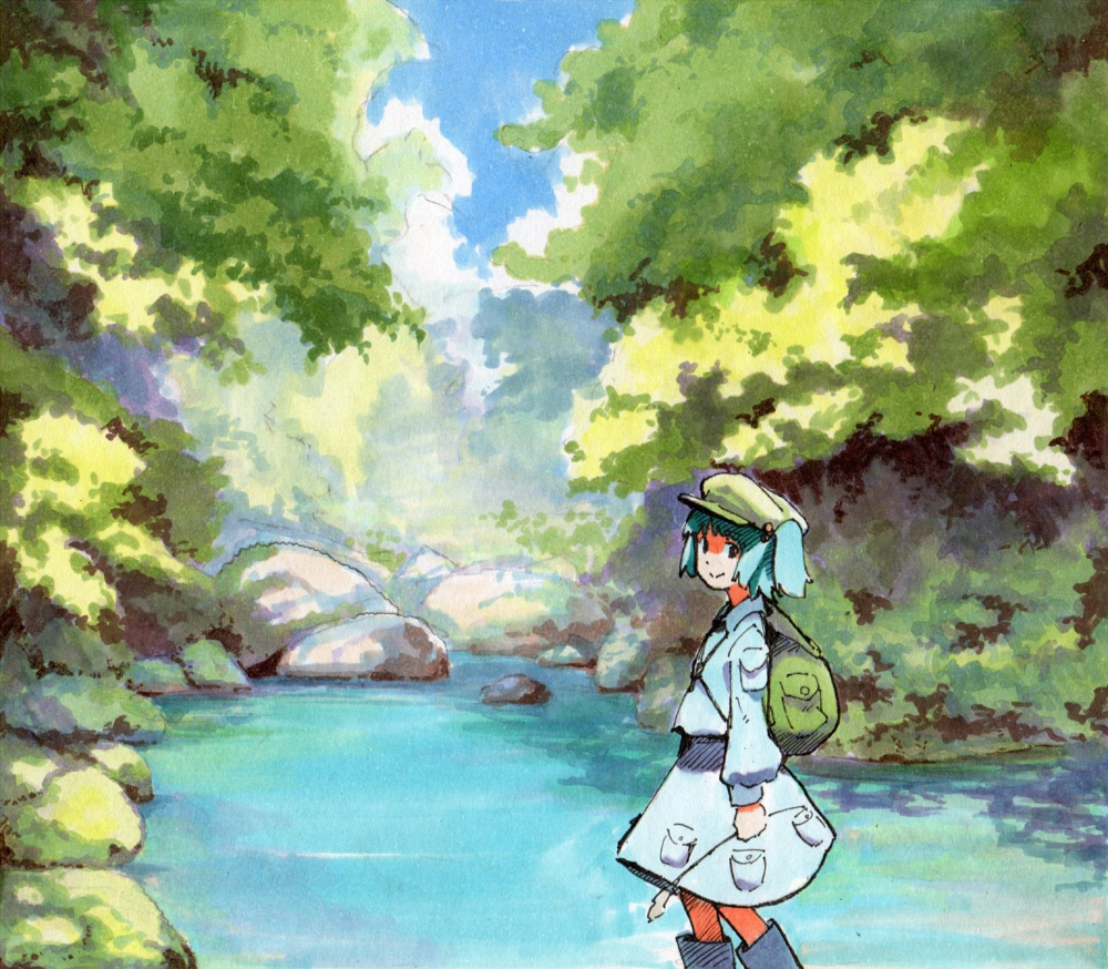 backpack bag blue_footwear blue_hair blue_shirt blue_skirt boots day feet_out_of_frame from_side green_headwear hair_bobbles hair_ornament holding kawashiro_nitori long_sleeves looking_at_viewer nature outdoors river rock shiratama_(hockey) shirt short_hair skirt smile touhou tree two_side_up