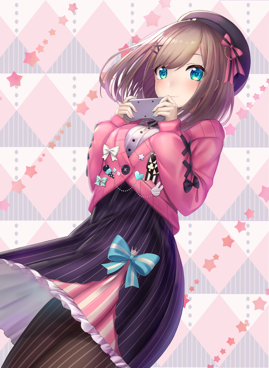 1girl :3 argyle argyle_background bangs beret black_legwear blue_bow blue_eyes bow breasts collared_shirt commentary_request cowboy_shot eyebrows_behind_hair hair_ornament hat hat_bow highres holding_controller large_breasts long_sleeves looking_at_viewer medium_hair mizya nail_polish nijisanji pink_bow pink_cardigan purple_headwear purple_skirt shirt sidelocks skirt solo star starry_background striped striped_bow striped_legwear suzuhara_lulu swept_bangs vertical-striped_legwear vertical-striped_skirt vertical_stripes virtual_youtuber white_shirt x_hair_ornament
