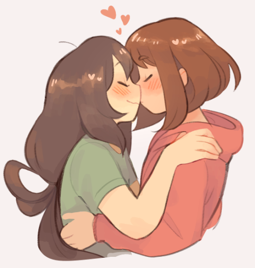 asui_tsuyu blush boku_no_hero_academia brown_hair closed_eyes green_hair hearts hoodie kiss long_hair short_hair smile uraraka_ochako yuri