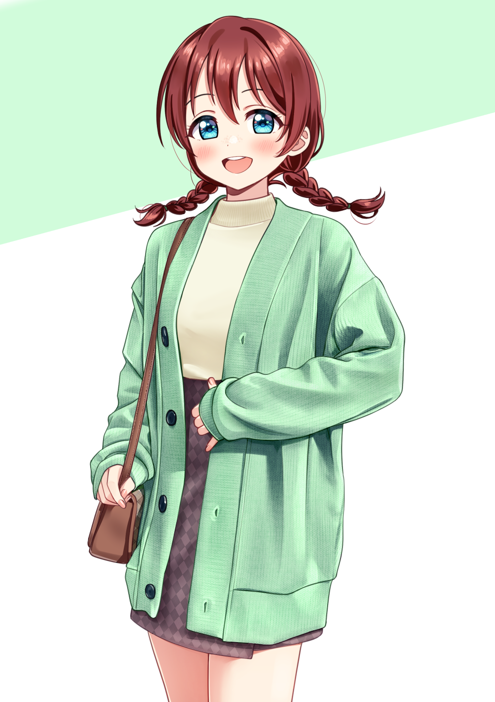 1girl :d argyle_skirt bag bangs blue_eyes blush braid deadnooodles emma_verde green_background green_cardigan grey_skirt highres holding_strap long_hair long_sleeves looking_at_viewer love_live! love_live!_school_idol_festival_all_stars open_mouth redhead shirt shoulder_bag skirt smile solo twin_braids two-tone_background white_background yellow_shirt