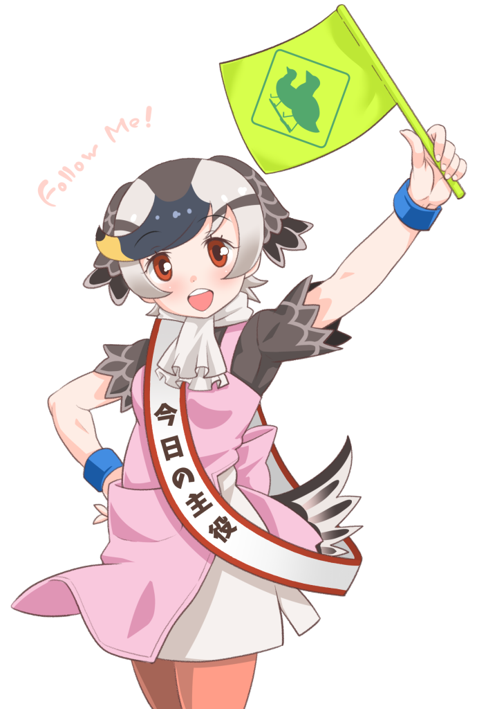 1girl :d apron bangs bird_tail black_hair booth_tomato brown_eyes brown_legwear cowboy_shot english_text eyebrows_visible_through_hair flag grey_hair hand_on_hip head_wings kemono_friends multicolored_hair open_mouth pantyhose pink_apron scarf short_hair short_sleeves simple_background smile solo spot-billed_duck_(kemono_friends) upper_teeth white_background white_hair wristband
