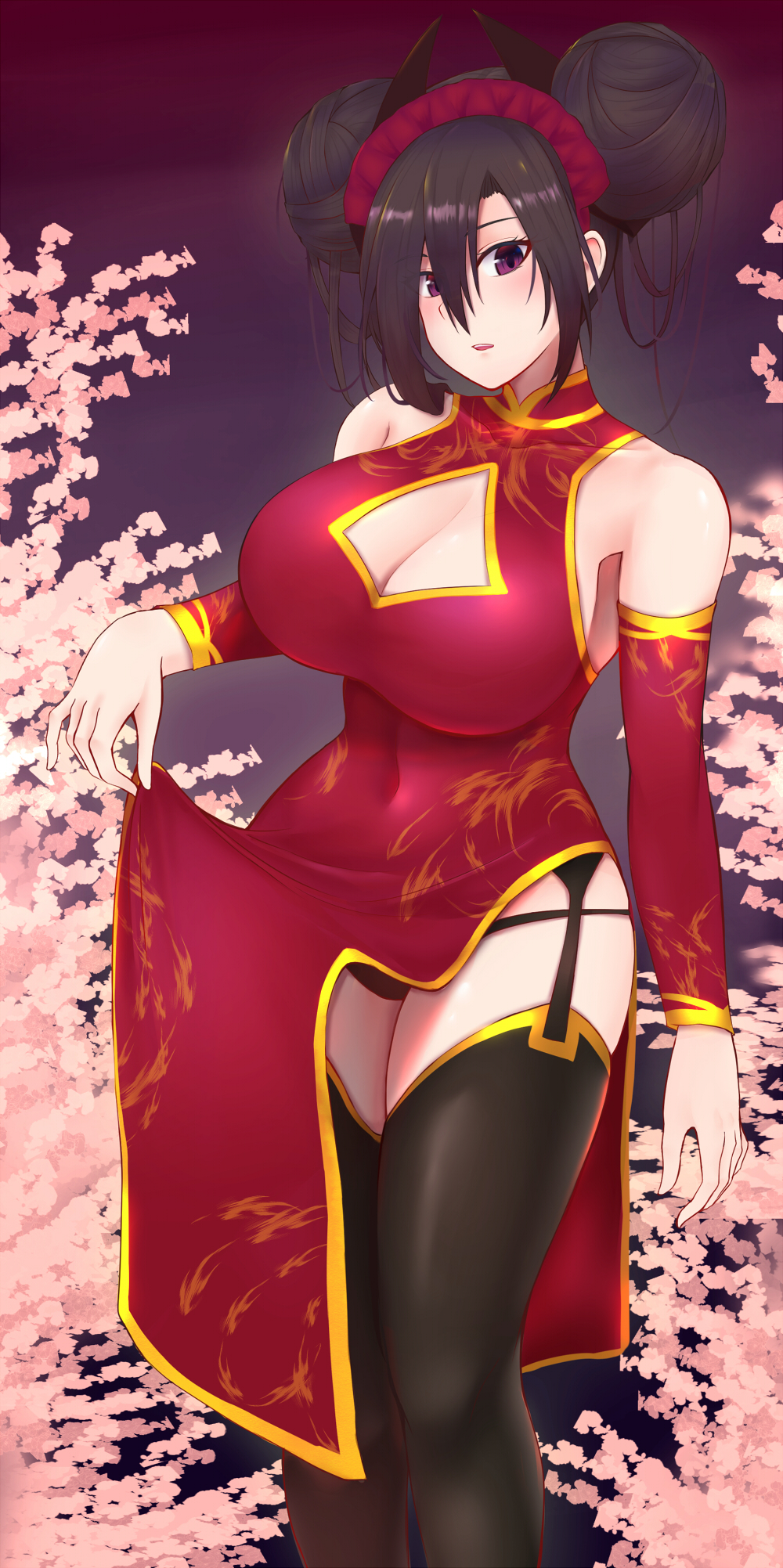 1girl agent_(girls_frontline) armpits black_hair black_panties blush breasts cherry_blossoms china_dress chinese_clothes commentary_request detached_sleeves double_bun dress dress_lift flame_print garter_belt garter_straps girls_frontline gold_trim hair_between_eyes highres large_breasts looking_at_viewer messy_hair navel night outdoors panties pao_mian+dan parted_lips sangvis_ferri solo tsurime underwear violet_eyes