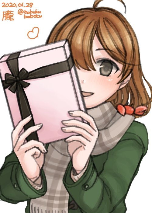 1girl ahoge alternate_costume bobokuboboku box brown_eyes brown_hair brown_scarf character_name commentary_request dated gift gift_box green_coat kantai_collection looking_at_viewer oboro_(kantai_collection) plaid plaid_scarf scarf short_hair smile solo twitter_username