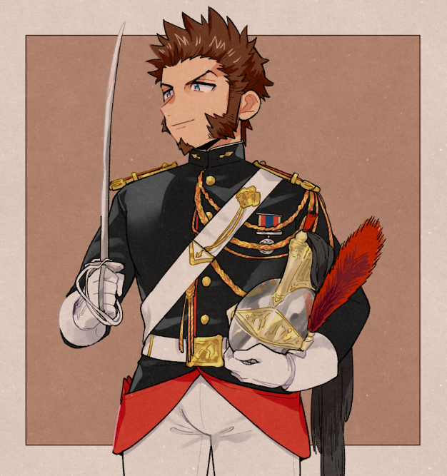 1boy alternate_costume beard blue_eyes brown_hair facial_hair fate/grand_order fate_(series) gloves long_sleeves looking_to_the_side male_focus military military_uniform napoleon_bonaparte_(fate/grand_order) shitappa sideburns simple_background smile solo stance sword uniform weapon