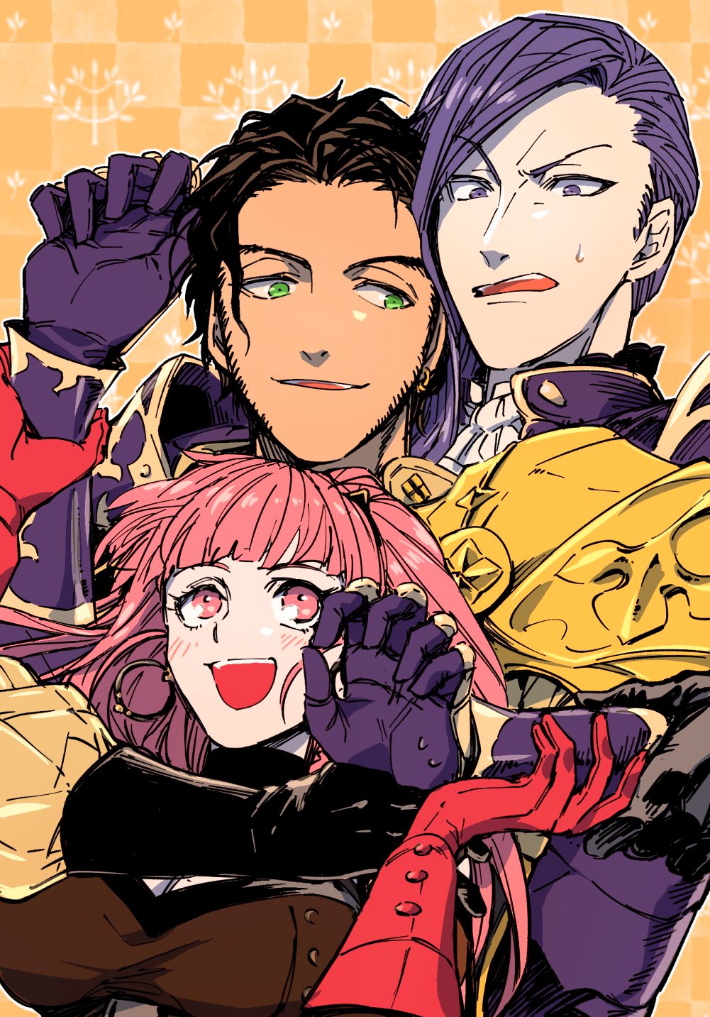 1girl 1zpg4i9tundxbij 2boys brown_hair claude_von_riegan dark_skin dark_skinned_male earrings fire_emblem fire_emblem:_three_houses gloves green_eyes highres hilda_valentine_goneril jewelry long_hair lorenz_hellman_gloucester multiple_boys open_mouth parted_lips pink_eyes pink_hair ponytail purple_gloves purple_hair red_gloves short_hair upper_body violet_eyes