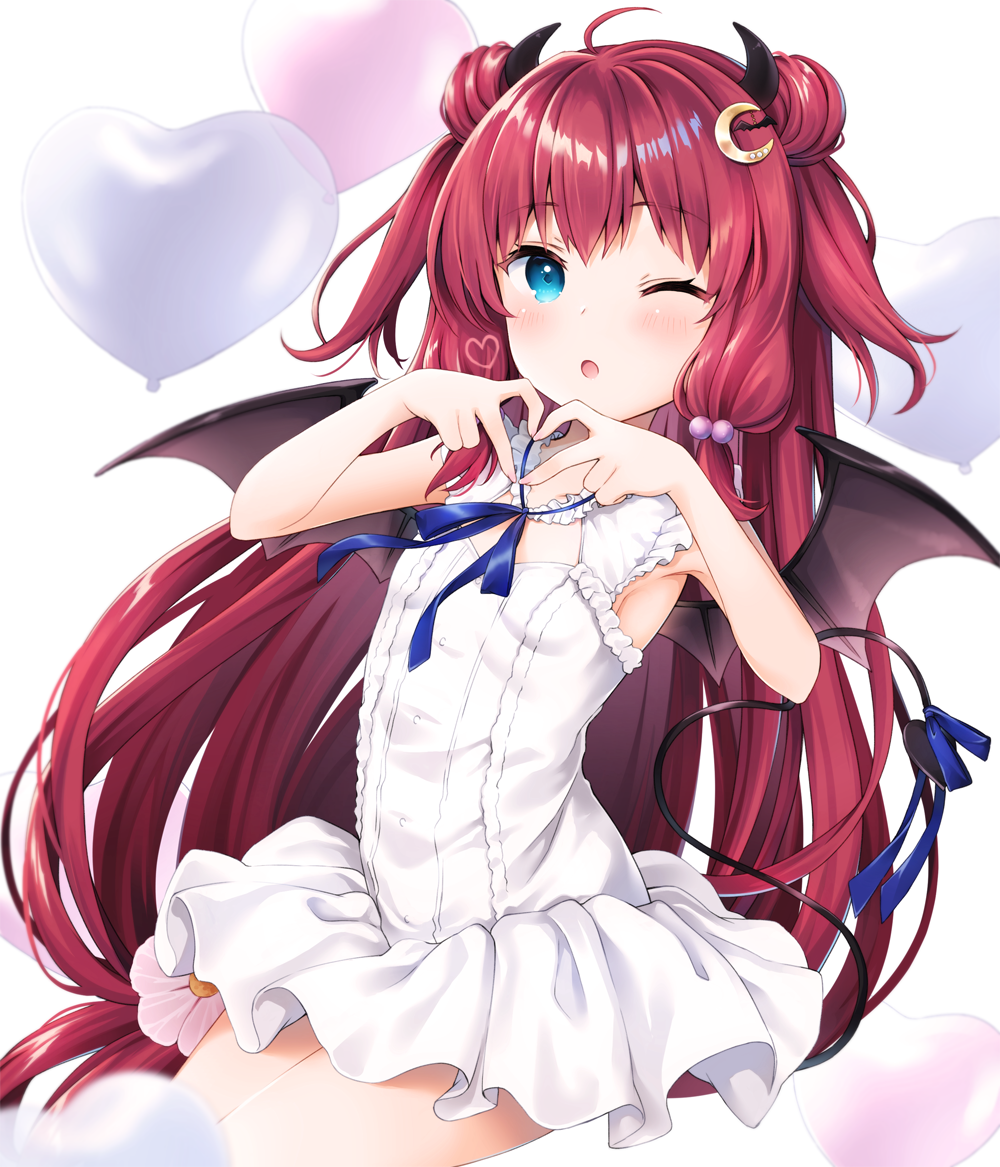 1girl ;o ahoge armpits balloon bangs bare_arms bare_shoulders blue_eyes blue_ribbon blush brown_wings crescent crescent_hair_ornament demon_girl demon_horns demon_tail demon_wings double_bun dress eyebrows_visible_through_hair flower hair_bobbles hair_ornament hands_up heart heart_balloon heart_hands horns kanora long_hair looking_at_viewer nijisanji one_eye_closed parted_lips redhead ribbon sleeveless sleeveless_dress solo tail tail_ribbon two_side_up very_long_hair virtual_youtuber white_dress white_flower wings yuzuki_roa