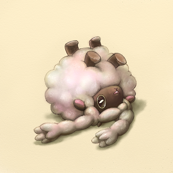 black_eyes commentary cortoony creature english_commentary full_body gen_8_pokemon lying no_humans on_back pokemon pokemon_(creature) shadow sheep simple_background solo upside-down wooloo