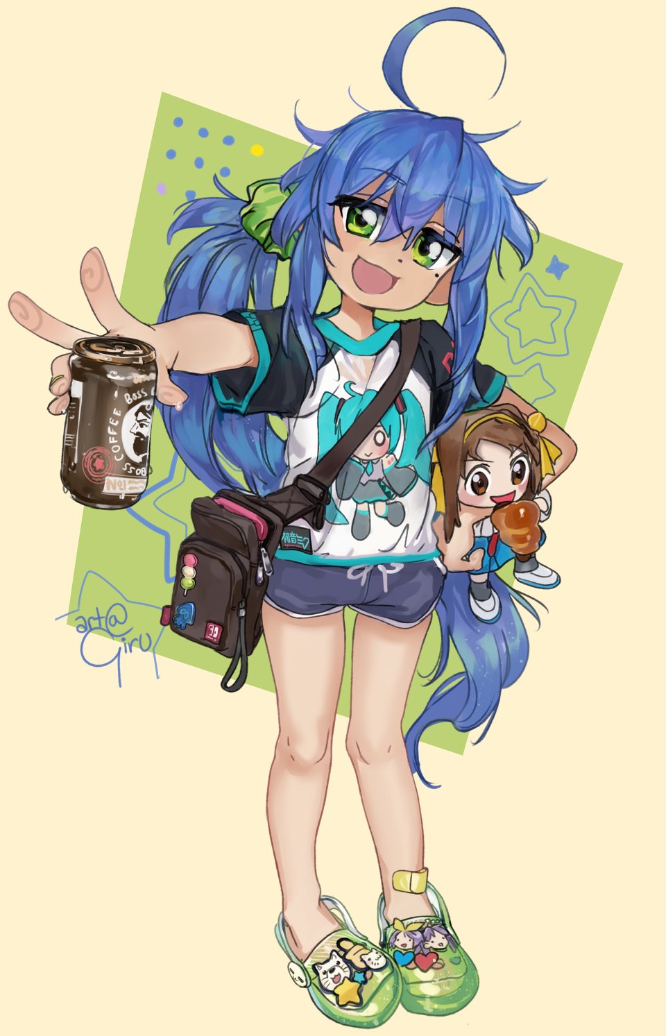 1girl :d ahoge artist_name bandaid bandaid_on_leg bare_legs black_bag blue_hair blue_shorts can character_doll chocolate_cornet commentary dolphin_shorts english_commentary food girutea green_background green_eyes green_scrunchie hatsune_miku head_tilt highres hiiragi_kagami hiiragi_tsukasa holding holding_can huge_ahoge izumi_konata long_hair looking_at_viewer lucky_star no_socks open_mouth ponytail print_shirt scrunchie shirt short_sleeves shorts simple_background smile solo suzumiya_haruhi suzumiya_haruhi_no_yuuutsu very_long_hair white_shirt