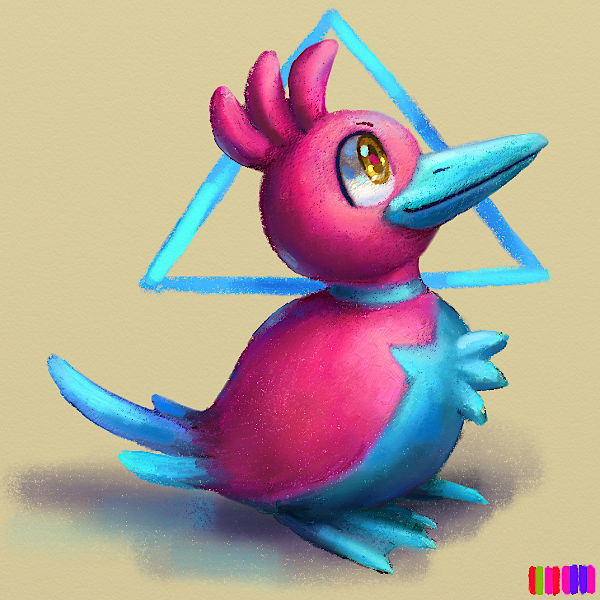 bird bird_focus commentary cortoony creature english_commentary from_side gen_1_pokemon gen_2_pokemon happy looking_away looking_up no_humans pokemon pokemon_(creature) porygon porygon2 profile shadow simple_background smile solo yellow_eyes