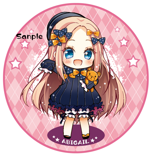 1girl :d abigail_williams_(fate/grand_order) argyle argyle_background bangs black_bow black_dress black_footwear black_headwear blonde_hair bloomers blue_eyes blush bow bug butterfly character_name chibi colored_shadow commentary_request dress fate/grand_order fate_(series) forehead full_body hair_bow hat insect long_hair long_sleeves looking_at_viewer object_hug open_mouth orange_bow outstretched_arm parted_bangs polka_dot polka_dot_bow sample shadow shoes sleeves_past_fingers sleeves_past_wrists smile solo standing star stuffed_animal stuffed_toy teddy_bear toko_(torisan_ren) underwear very_long_hair white_bloomers