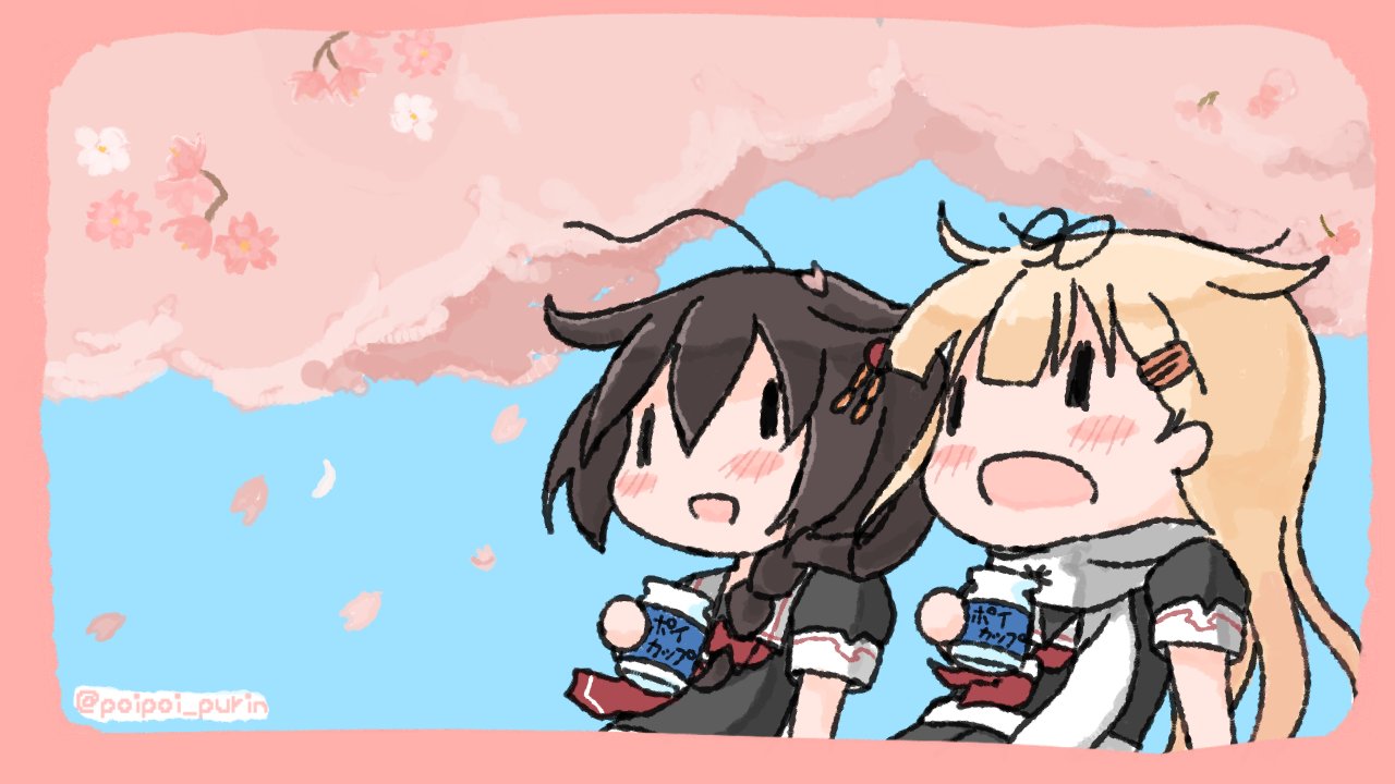 2girls ahoge bangs blonde_hair blush brown_hair cherry_blossoms chibi cup hair_flaps hair_ornament hair_ribbon hairclip holding holding_cup kantai_collection long_hair multiple_girls open_mouth petals red_neckwear remodel_(kantai_collection) ribbon sailor_collar sattsu scarf school_uniform serafuku shigure_(kantai_collection) short_sleeves twitter_username white_scarf yuudachi_(kantai_collection)