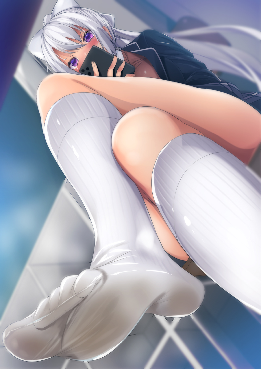 1girl bangs blush bow breasts cellphone covered_mouth crossed_legs eyebrows_visible_through_hair feet from_below fumihiko_(pixiv2658856) hair_bow highres higuchi_kaede holding holding_phone indoors jacket kneehighs large_breasts long_hair looking_at_viewer mole mole_under_eye nijisanji no_shoes phone ponytail school_uniform shirt silver_hair sitting skirt smartphone thighs very_long_hair violet_eyes virtual_youtuber white_bow white_legwear