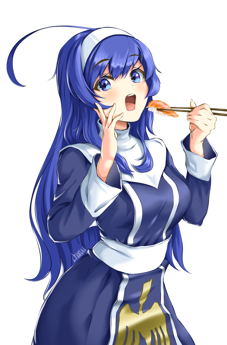 1girl ahoge blue_eyes blue_hair breasts chaesu chopsticks eating eyebrows_visible_through_hair food habit hairband hand_on_own_face highres huge_ahoge long_hair medium_breasts open_mouth orie_(under_night_in-birth) salmon solo sushi under_night_in-birth under_night_in-birth_exe:late[st] white_hairband