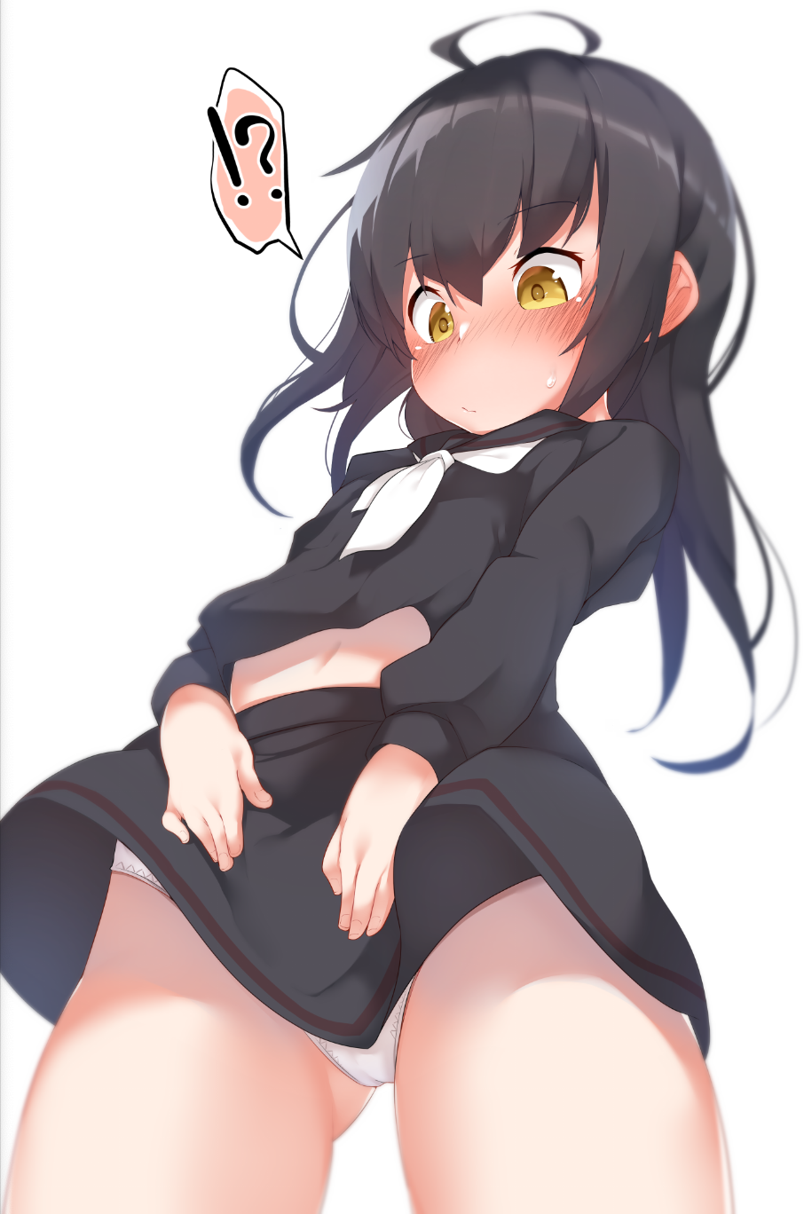 !? 1girl adjusting_skirt ahoge ass_visible_through_thighs black_hair black_legwear black_serafuku blush commentary_request eyebrows_visible_through_hair from_below highres kantai_collection long_hair long_sleeves mikazuki_(kantai_collection) nagatsukiin navel necktie panties school_uniform serafuku simple_background solo spoken_interrobang sweat sweatdrop underwear white_background white_neckwear white_panties yellow_eyes