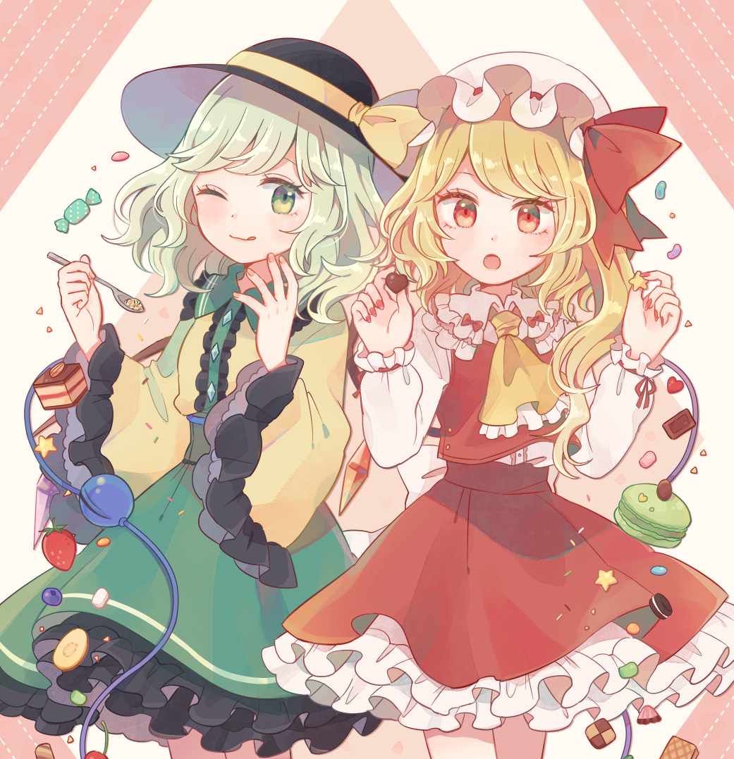 2girls :o ;q apollo_chocolate aqua_hair arms_up bangs black_headwear blonde_hair blueberry cake candy checkerboard_cookie chocolate chocolate_cake chocolate_heart cookie cowboy_shot cravat diagonal-striped_background diagonal_stripes fingernails flandre_scarlet food frilled_skirt frilled_sleeves frills fruit green_eyes green_skirt hat hat_ribbon heart holding holding_candy holding_chocolate holding_spoon komeiji_koishi long_sleeves looking_at_viewer macaron mob_cap mozukuzu_(manukedori) multiple_girls one_eye_closed one_side_up petticoat red_eyes red_vest ribbon shirt short_hair side-by-side skirt slice_of_cake spoon standing strawberry striped striped_background swept_bangs third_eye tongue tongue_out touhou two-tone_background vest wafer_stick white_headwear white_shirt wings yellow_neckwear yellow_shirt