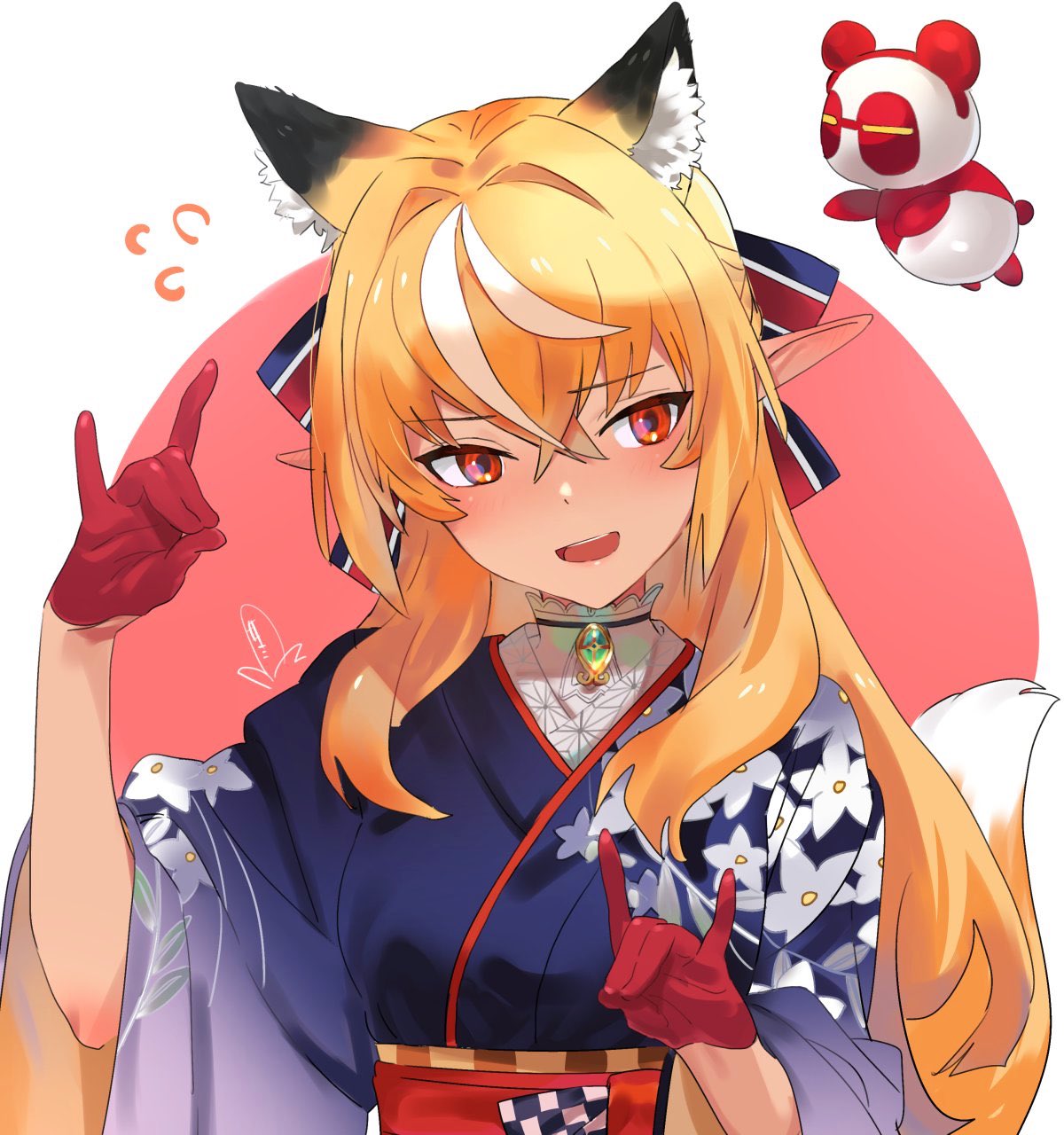 1girl \n/ alternate_costume animal_costume animal_ear_fluff animal_ears bangs blonde_hair checkered dark_skin double_\n/ elf eyebrows_visible_through_hair floral_print gloves hair_between_eyes hair_ornament highres hololive japanese_clothes kintsuba_(flare_channel) panda_costume pointy_ears red_eyes red_gloves shiranui_flare tail virtual_youtuber yomosaka