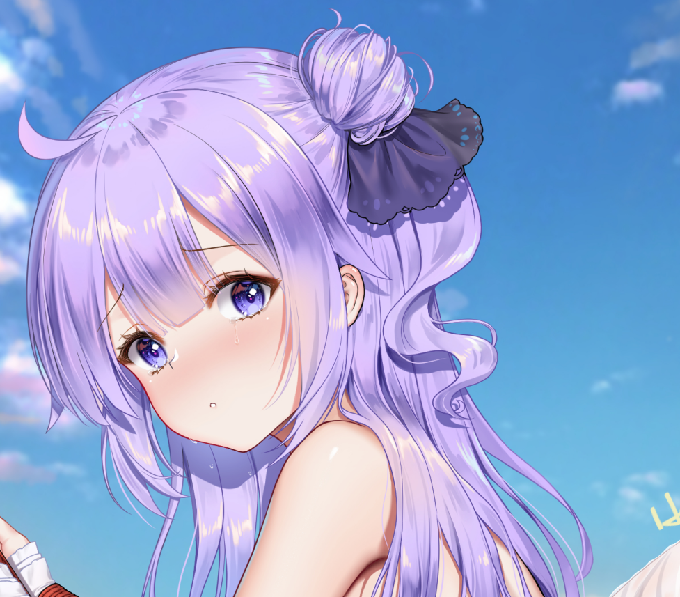 1girl ahoge azur_lane bangs bare_shoulders blue_sky commentary_request eyebrows_visible_through_hair face hair_bun haneru long_hair looking_at_viewer outdoors purple_hair ribbon sky solo tears unicorn_(azur_lane) violet_eyes