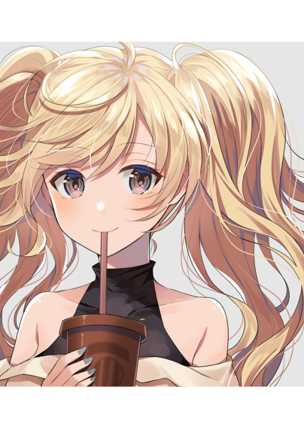 1girl ahoge bangs bare_shoulders black_shirt blush brown_eyes closed_mouth collarbone commentary_request covered_collarbone cup disposable_cup drinking_straw eyebrows_visible_through_hair granblue_fantasy grey_background hair_between_eyes holding holding_cup light_brown_hair long_hair looking_at_viewer monika_weisswind myusha shirt simple_background sleeveless sleeveless_shirt smile solo twintails upper_body