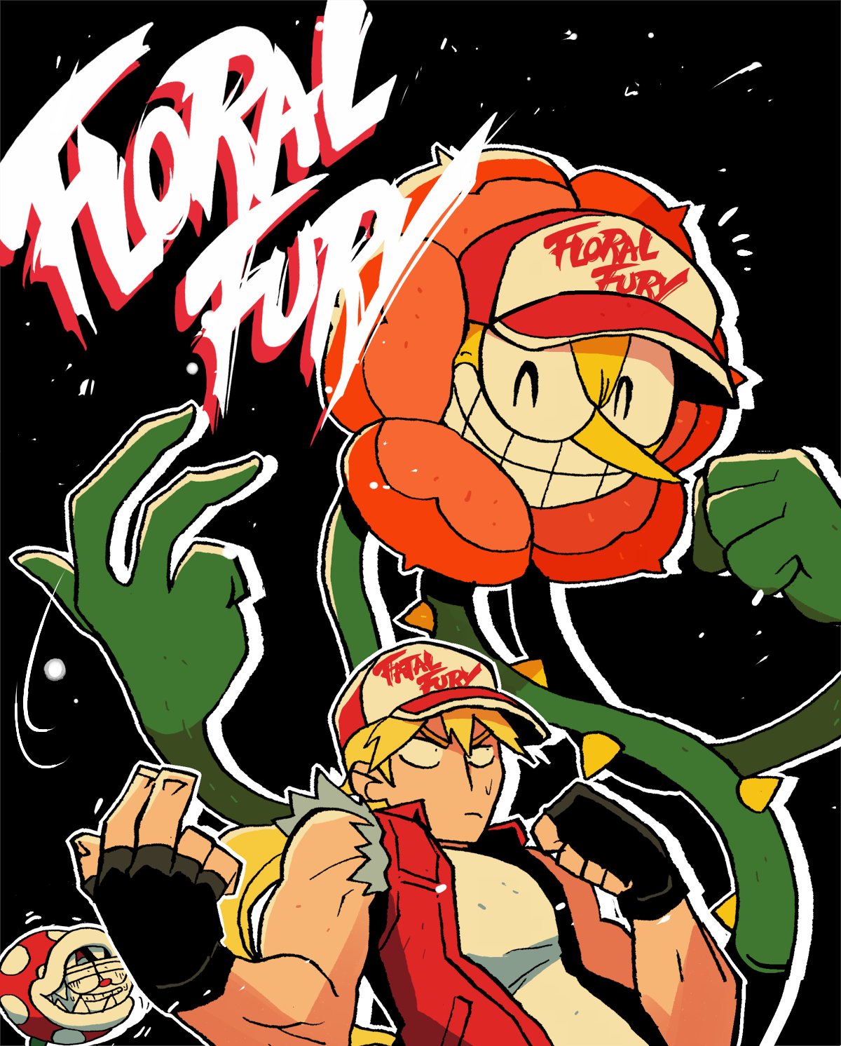 black_background black_gloves blonde_hair cagney_carnation clenched_hand copyright_name cuphead cuphead_(game) fatal_fury fingerless_gloves flower gloves grin hat highres male_focus super_mario_bros. piranha_plant pun rariatto_(ganguri) red_vest shirt simple_background sleeveless smile super_smash_bros. sweat teeth terry_bogard the_king_of_fighters vest