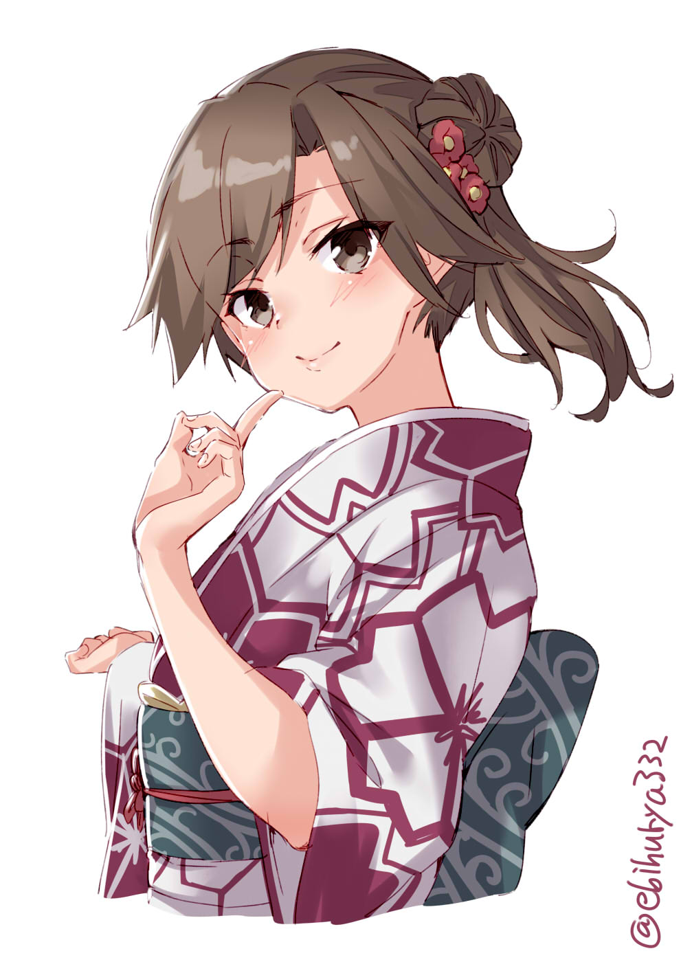 1girl alternate_costume alternate_hairstyle arashio_(kantai_collection) asymmetrical_bangs bangs blush breasts brown_eyes brown_hair cropped_torso ebifurya from_side highres index_finger_raised japanese_clothes kantai_collection light_smile long_hair obi ponytail sash small_breasts smile solo swept_bangs upper_body wide_sleeves