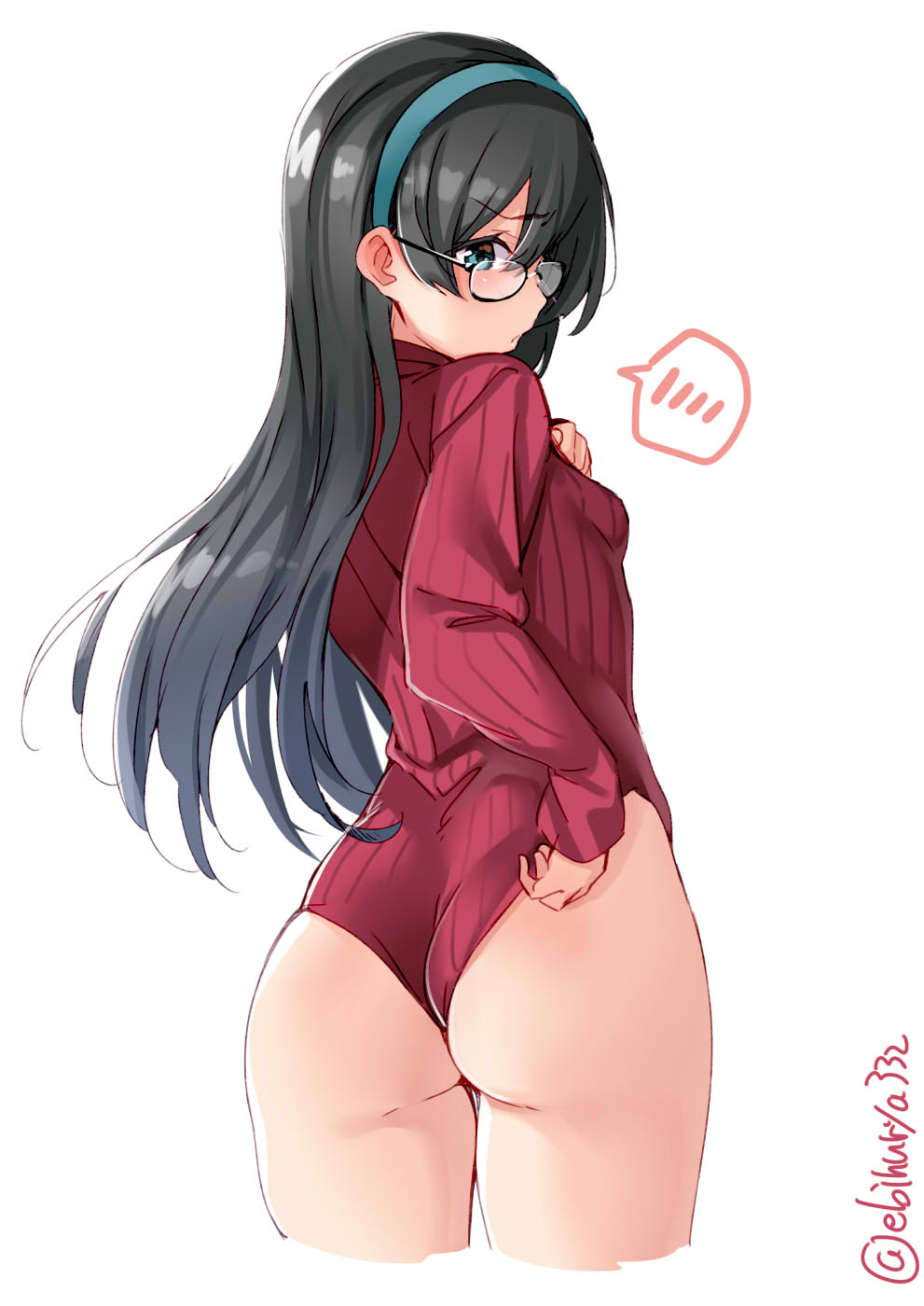 1girl alternate_costume aqua_eyes aqua_hairband ass black-framed_eyewear black_hair breasts cropped_legs ebifurya eyebrows_visible_through_hair glasses hair_between_eyes hairband highres kantai_collection leotard long_hair long_sleeves looking_back ooyodo_(kantai_collection) red_sweater simple_background small_breasts solo spoken_blush sweater turtleneck_leotard twitter_username white_background