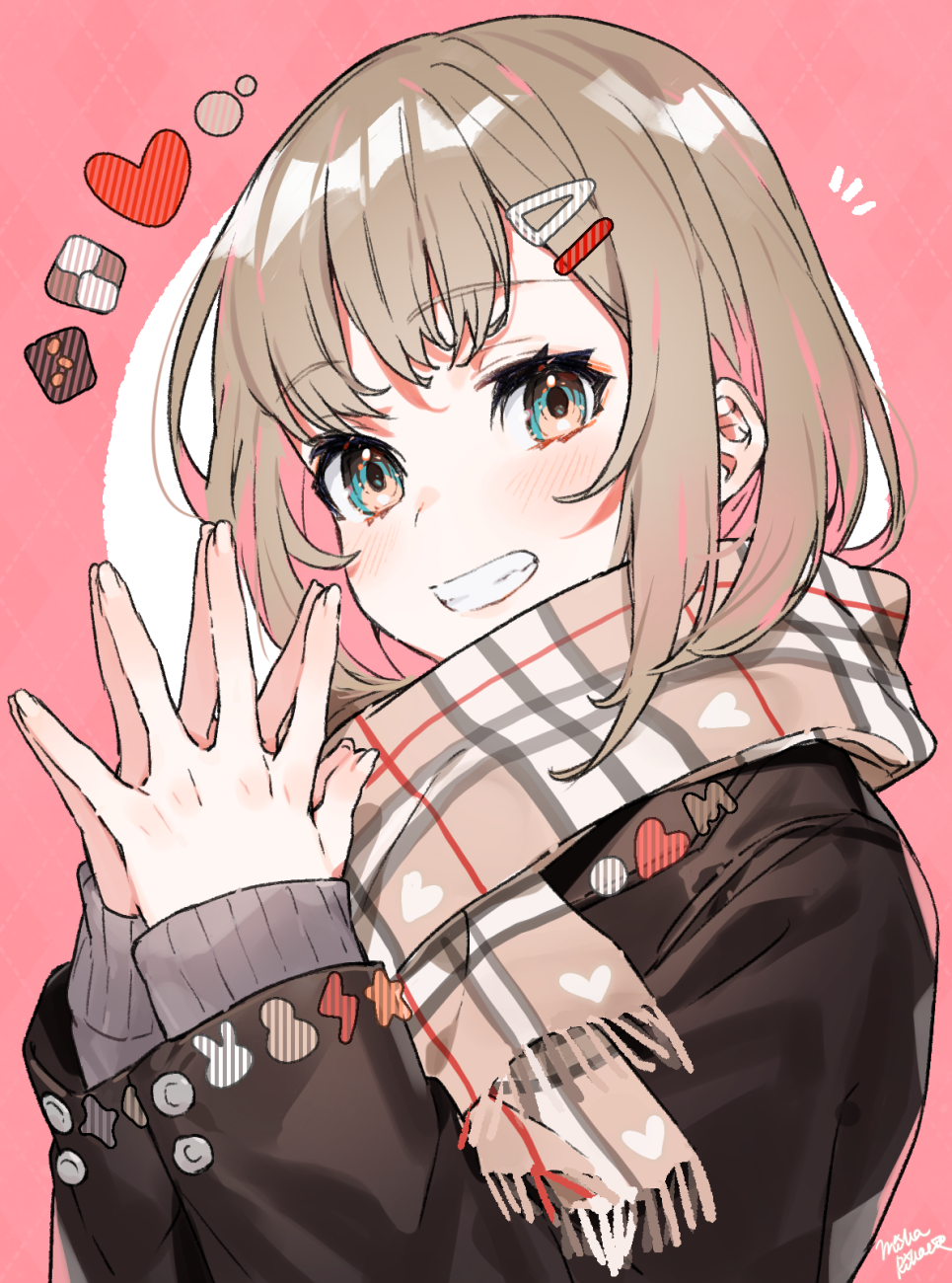 1girl :d argyle argyle_background bangs black_eyes black_jacket blue_eyes blush brown_hair brown_scarf commentary_request cookie eyebrows_visible_through_hair food fringe_trim grin hair_ornament hairclip hands_up heart highres jacket long_sleeves looking_at_viewer mika_pikazo multicolored multicolored_eyes multicolored_hair open_mouth original own_hands_together pink_eyes pink_hair pink_scarf plaid plaid_scarf scarf short_hair signature sleeves_past_wrists smile solo spread_fingers steepled_fingers striped teeth two-tone_hair upper_body