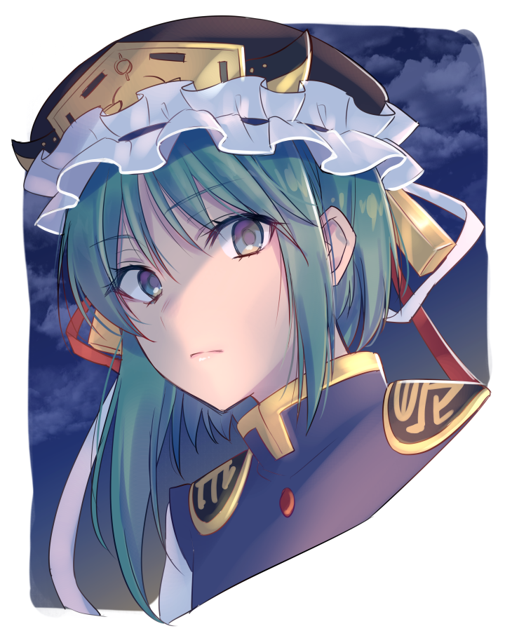 1girl asa_(coco) bangs black_headwear blue_vest clouds commentary_request epaulettes eyebrows_visible_through_hair frilled_hat frills green_hair grey_eyes hair_between_eyes hat hat_ribbon long_hair looking_at_viewer night night_sky red_ribbon ribbon shiki_eiki sidelocks sky solo touhou upper_body vest white_background white_ribbon