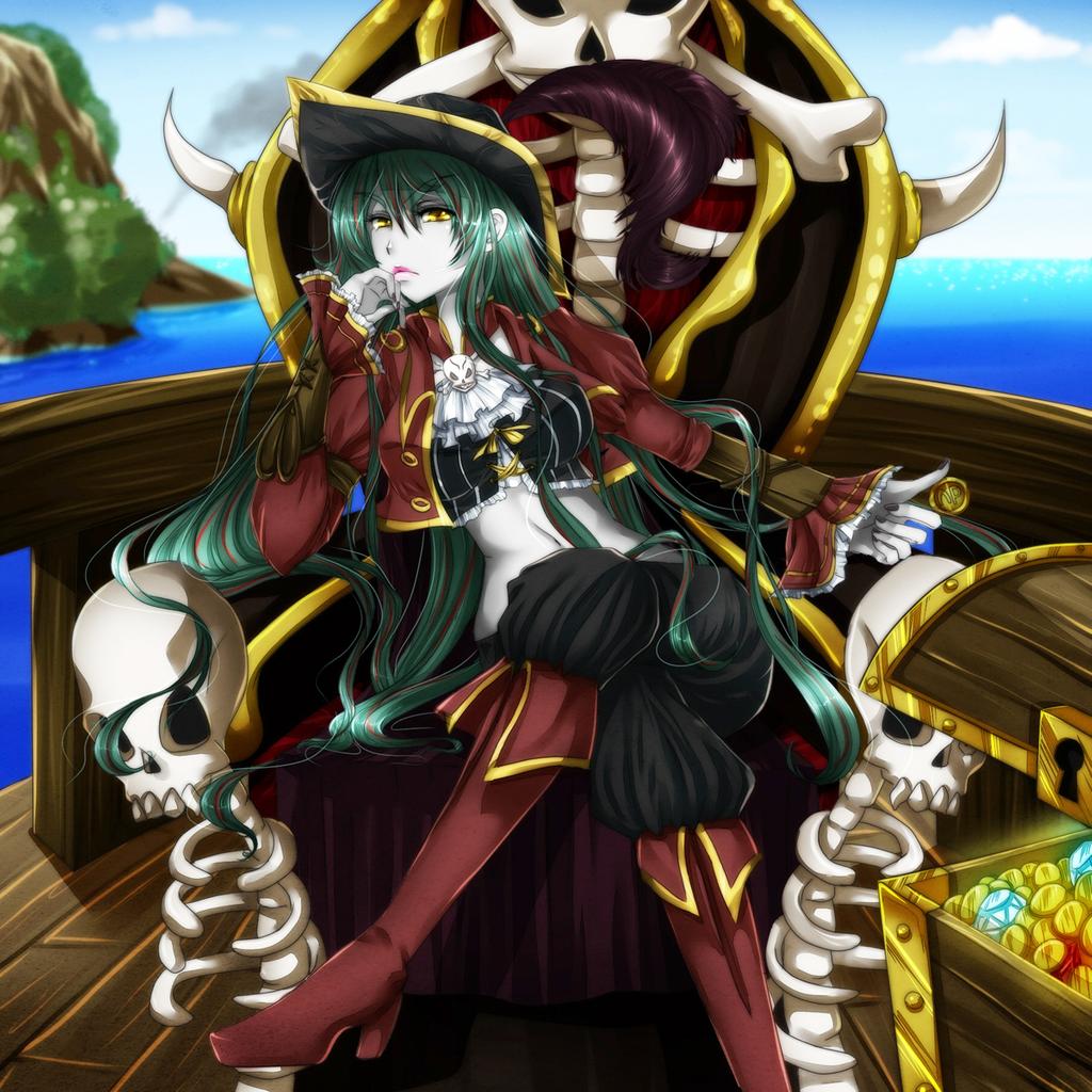 1girl aisha_(neopets) bangs blue_sky boots breasts clouds cloudy_sky coin commentary diamond_(gemstone) english_commentary frown green_hair hair_between_eyes hat high_heels long_hair long_sleeves looking_at_viewer medium_breasts mountain neopets ocean outdoors personification pirate pirate_hat serious ship skull sky solo throne treasure treasure_chest water watercraft white_skin wooden_floor yakuun yellow_eyes