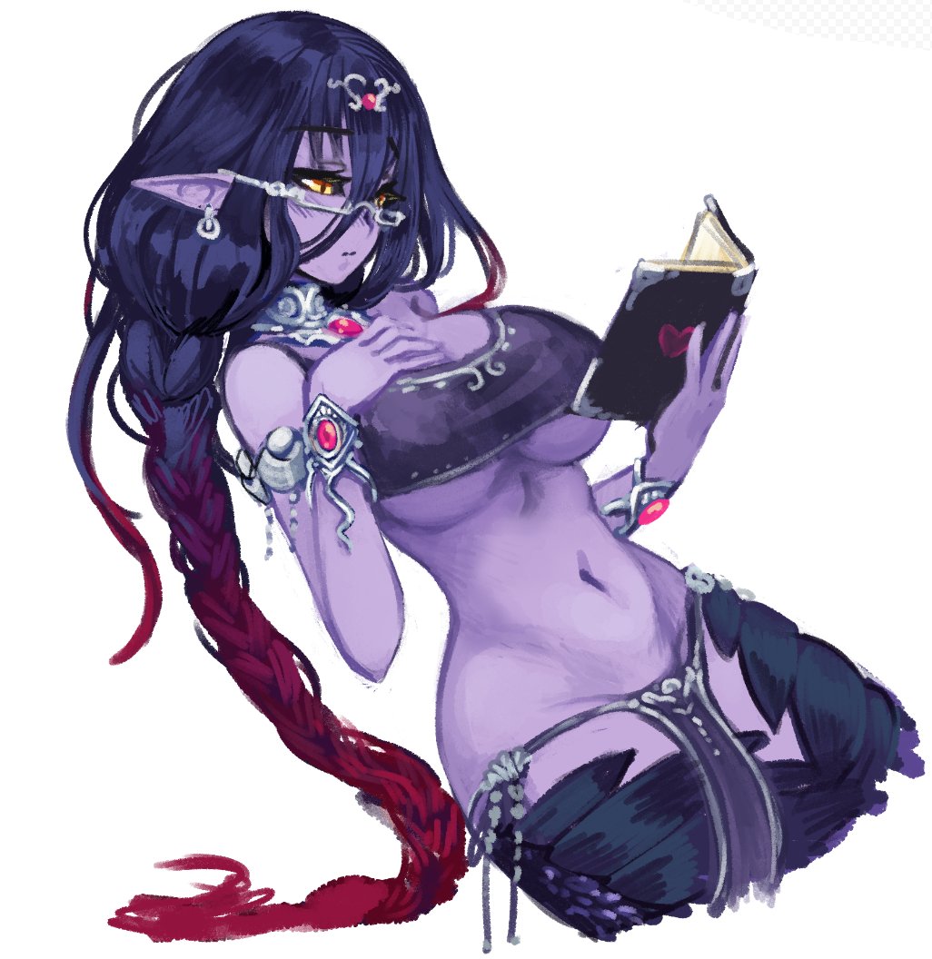 1girl apophis_(monster_girl_encyclopedia) armlet bangs barbariank bare_shoulders bespectacled black_hair black_sclera blush book bracelet braid breasts commentary earrings english_commentary eyebrows_visible_through_hair glasses gradient_hair hair_between_eyes hand_on_own_chest heart holding holding_book jewelry lamia large_breasts long_hair looking_away monster_girl monster_girl_encyclopedia multicolored_hair navel open_book pelvic_curtain pink_hair pointy_ears purple_skin reading rectangular_eyewear scales semi-rimless_eyewear simple_background solo stomach under-rim_eyewear under_boob very_long_hair white_background yellow_eyes