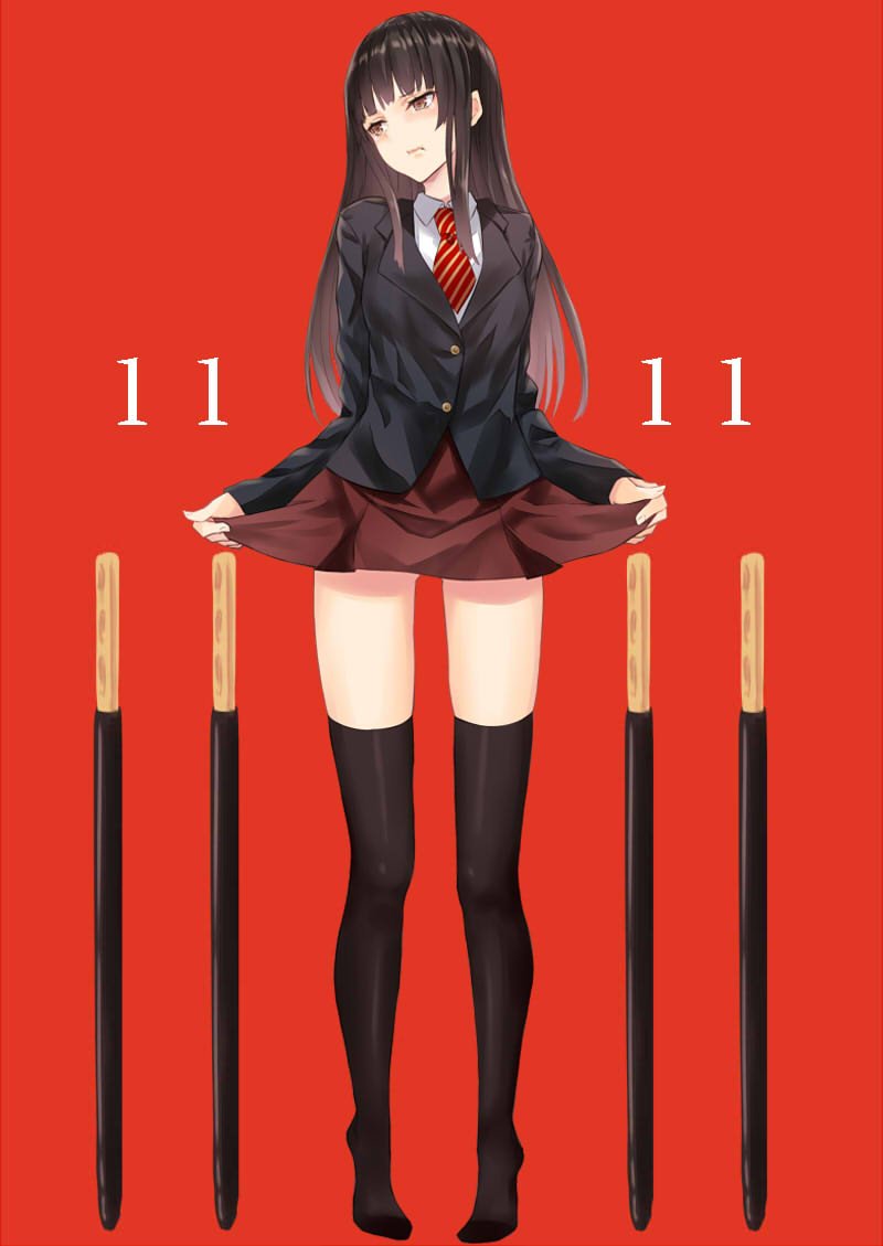 1girl bangs black_jacket black_legwear blazer blunt_bangs breasts brown_eyes brown_hair diagonal-striped_neckwear diagonal_stripes jacket long_hair looking_away medium_breasts nabeshima_tetsuhiro necktie original pocky_day red_background red_skirt skirt solo striped striped_neckwear thigh-highs tiptoes zettai_ryouiki