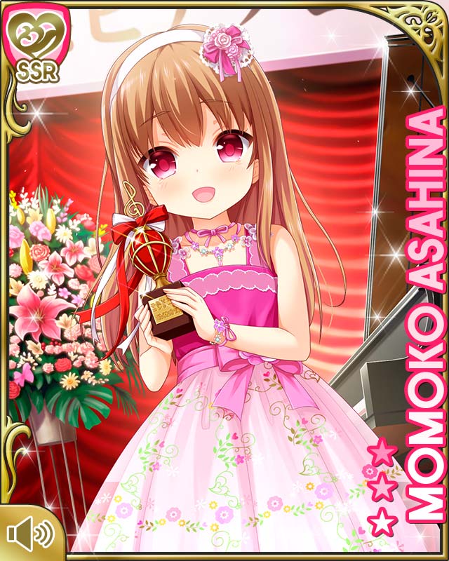 1girl asahina_momoko brown_hair character_name child dress floral_print flower girlfriend_(kari) hairband long_hair official_art open_mouth pink_dress qp:flapper red_eyes smile solo trophy younger