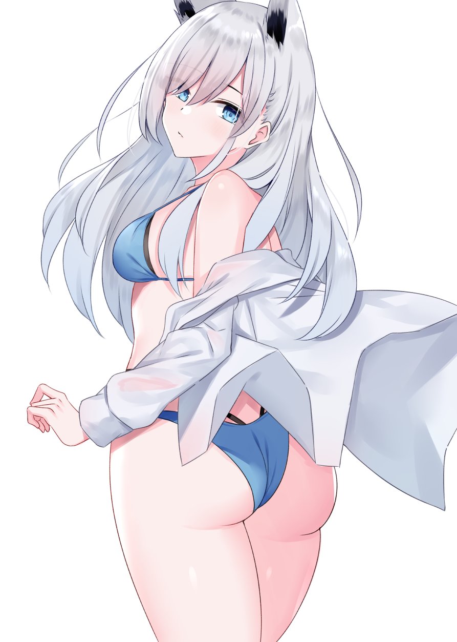 1girl animal_ears ass bare_shoulders bikini blue_bikini blue_eyes breasts cowboy_shot expressionless fox_ears halterneck highres kanikou long_hair looking_at_viewer looking_back multi-strapped_bikini off_shoulder original shirt silver_hair simple_background small_breasts solo swimsuit thighs white_background white_shirt