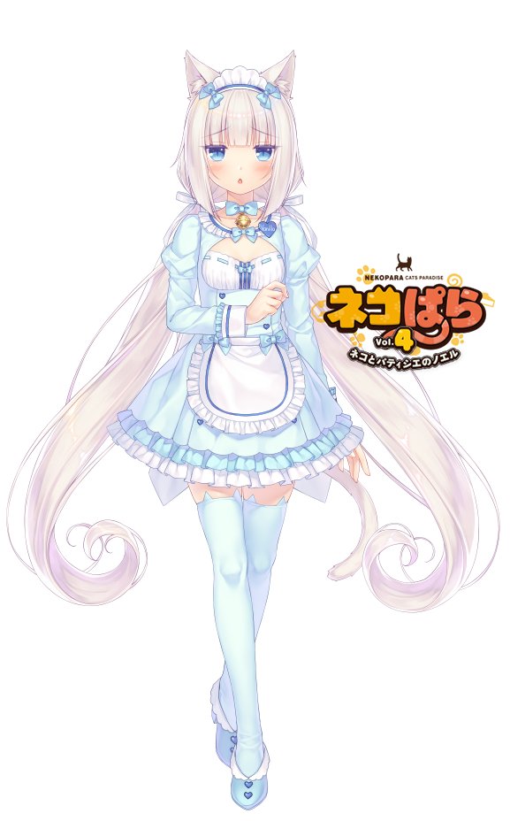 1girl :o animal_band_legwear animal_ear_fluff animal_ears apron bangs bell blue_bow blue_dress blue_eyes blue_footwear blue_neckwear blunt_bangs blush bow bowtie breasts cat_band_legwear cat_ears cat_girl cat_tail chestnut_mouth cleavage_cutout commentary crossed_legs dress english_commentary eyebrows_visible_through_hair frilled_apron frilled_dress frills full_body hair_ribbon jingle_bell juliet_sleeves logo long_hair long_sleeves looking_at_viewer low_twintails maid_headdress name_tag neck_bell nekopara official_art puffy_sleeves ribbon sayori shoes simple_background slit_pupils small_breasts solo tail thigh-highs twintails vanilla_(sayori) very_long_hair waist_apron watson_cross white_background white_hair white_legwear white_ribbon zettai_ryouiki