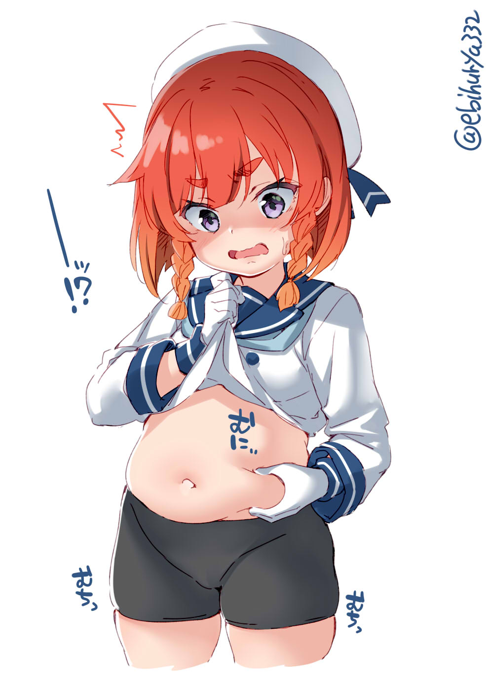 !? /\/\/\ 1girl belly_grab bike_shorts black_shorts blue_neckwear blue_sailor_collar blush cropped_legs ebifurya etorofu_(kantai_collection) eyebrows_visible_through_hair gloves hat highres kantai_collection navel neckerchief open_mouth redhead sailor_collar sailor_hat school_uniform serafuku shaded_face short_hair short_sleeves shorts simple_background solo twintails twitter_username violet_eyes weight_conscious white_background white_gloves white_headwear