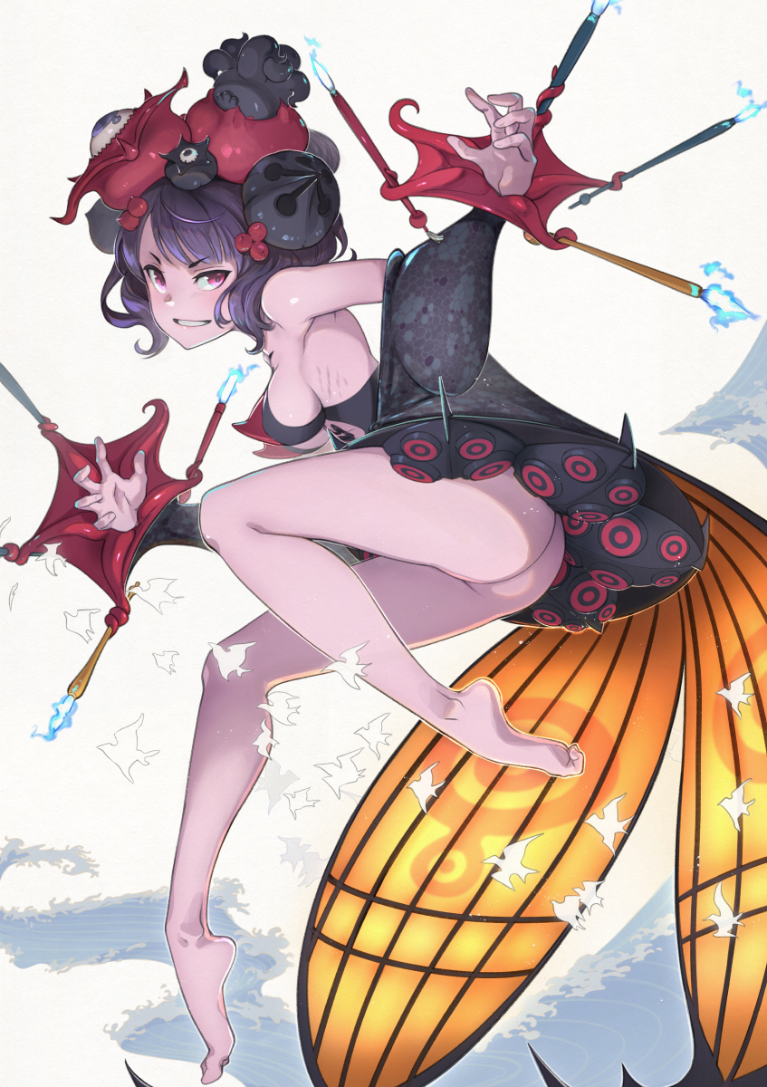 1girl ass bangs bare_shoulders barefoot black_dress breasts calligraphy_brush dress fate/grand_order fate_(series) feet grin hair_ornament highres katsushika_hokusai_(fate/grand_order) large_breasts legs looking_at_viewer paintbrush purple_hair short_dress short_hair sideboob simple_background smile solo violet_eyes white_background yunar