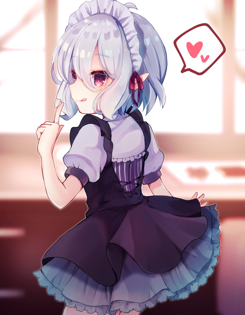 1girl ahoge bangs beniko_(ymdbnk) black_dress blurry blurry_background commentary_request cream depth_of_field dress eyebrows_visible_through_hair food_on_finger hair_between_eyes hand_up heart highres index_finger_raised kokkoro_(princess_connect!) licking_lips looking_at_viewer looking_back maid_headdress pointy_ears princess_connect! princess_connect!_re:dive puffy_short_sleeves puffy_sleeves red_eyes red_ribbon ribbon shirt short_sleeves silver_hair sleeveless sleeveless_dress solo spoken_heart tongue tongue_out white_shirt