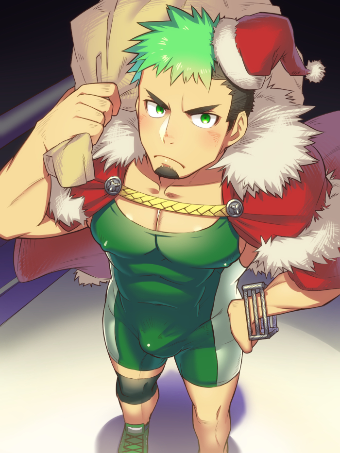 abs bara beard blush cape chest dark_skin eyebrows facial_hair full_body gift_bag green_eyes hand_on_hip hat looking_at_viewer male_focus multicolored_hair muscle pectorals santa_hat simple_background solo standing taurus_mask tokyo_houkago_summoners waku_(ayamix) wrestling_outfit