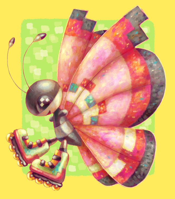 :d black_eyes bug butterfly commentary cortoony creature english_commentary from_side full_body gen_6_pokemon happy insect no_humans open_mouth pokemon pokemon_(creature) profile roller_skates simple_background skates smile solo vivillon yellow_background